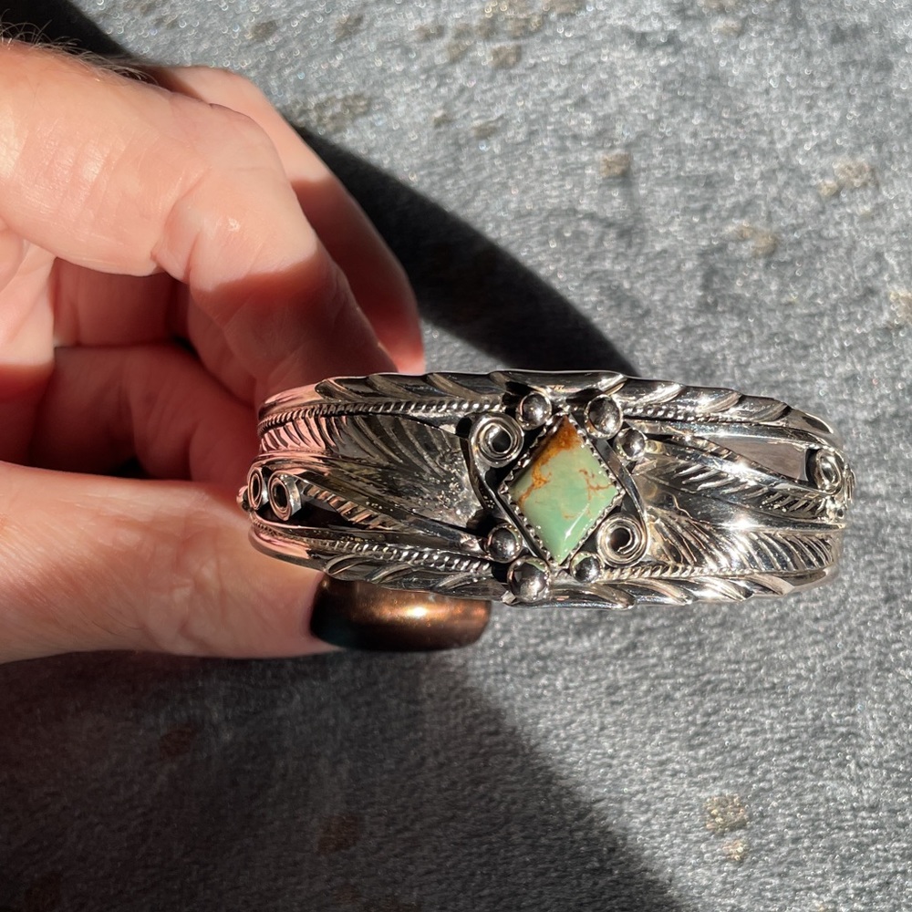 Navajo Sterling Silver Turquoise Bracelet Cuff By Davey Morgan.